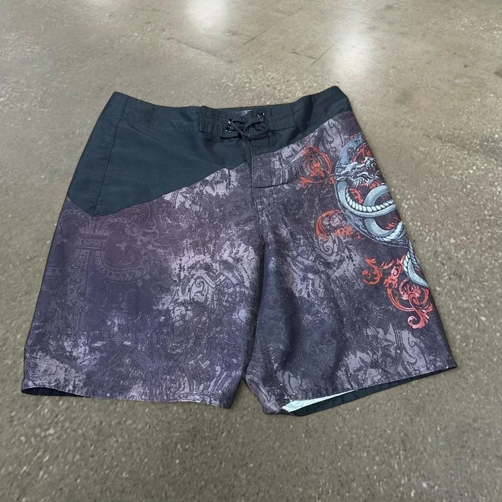 Joe Boxer Grunge Dragon Board Shorts Mens Medium Black Y2K Swim Trunks